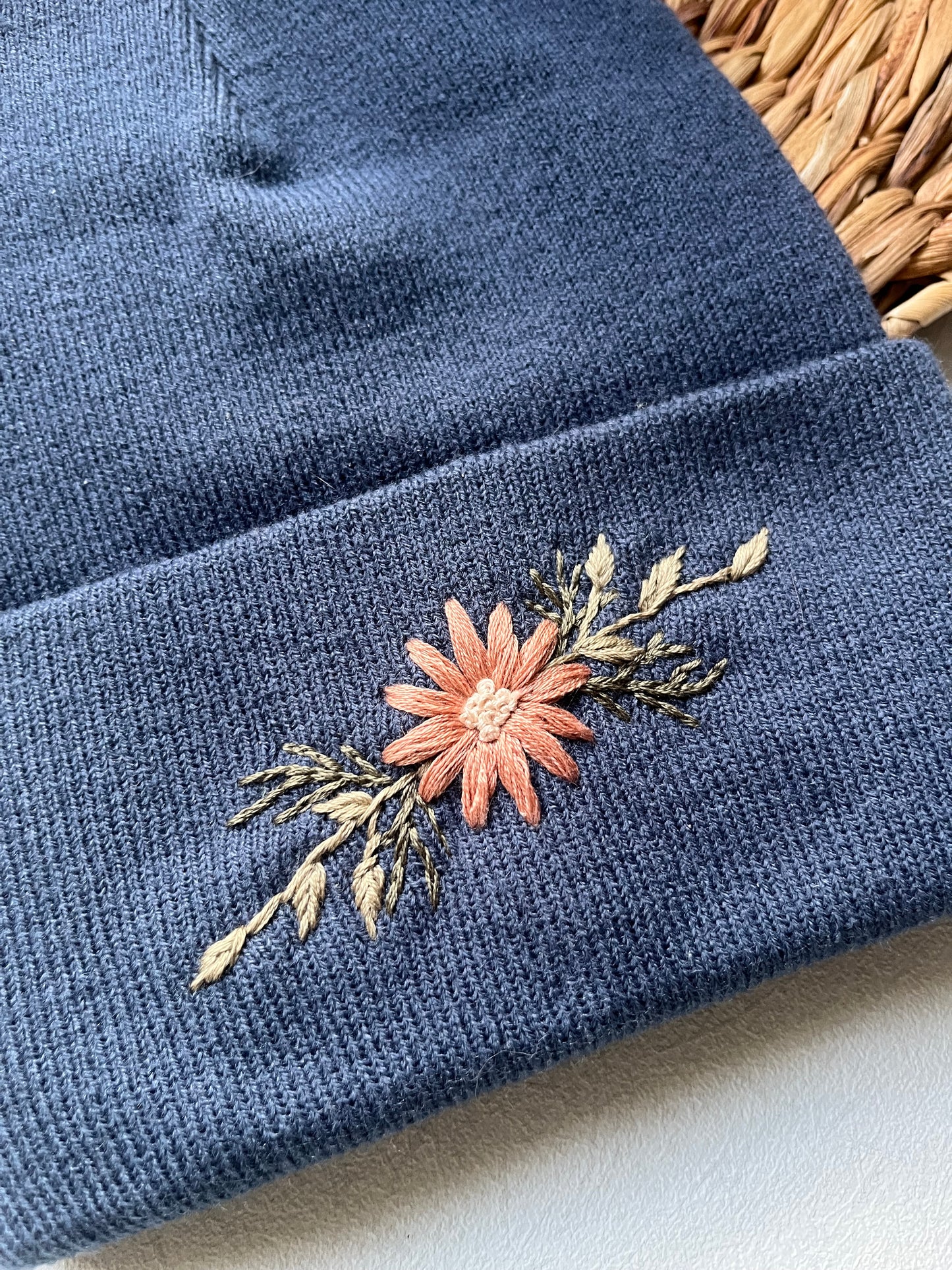 Embroidered Beanie | Blue Winter Hat | Floral Beanie