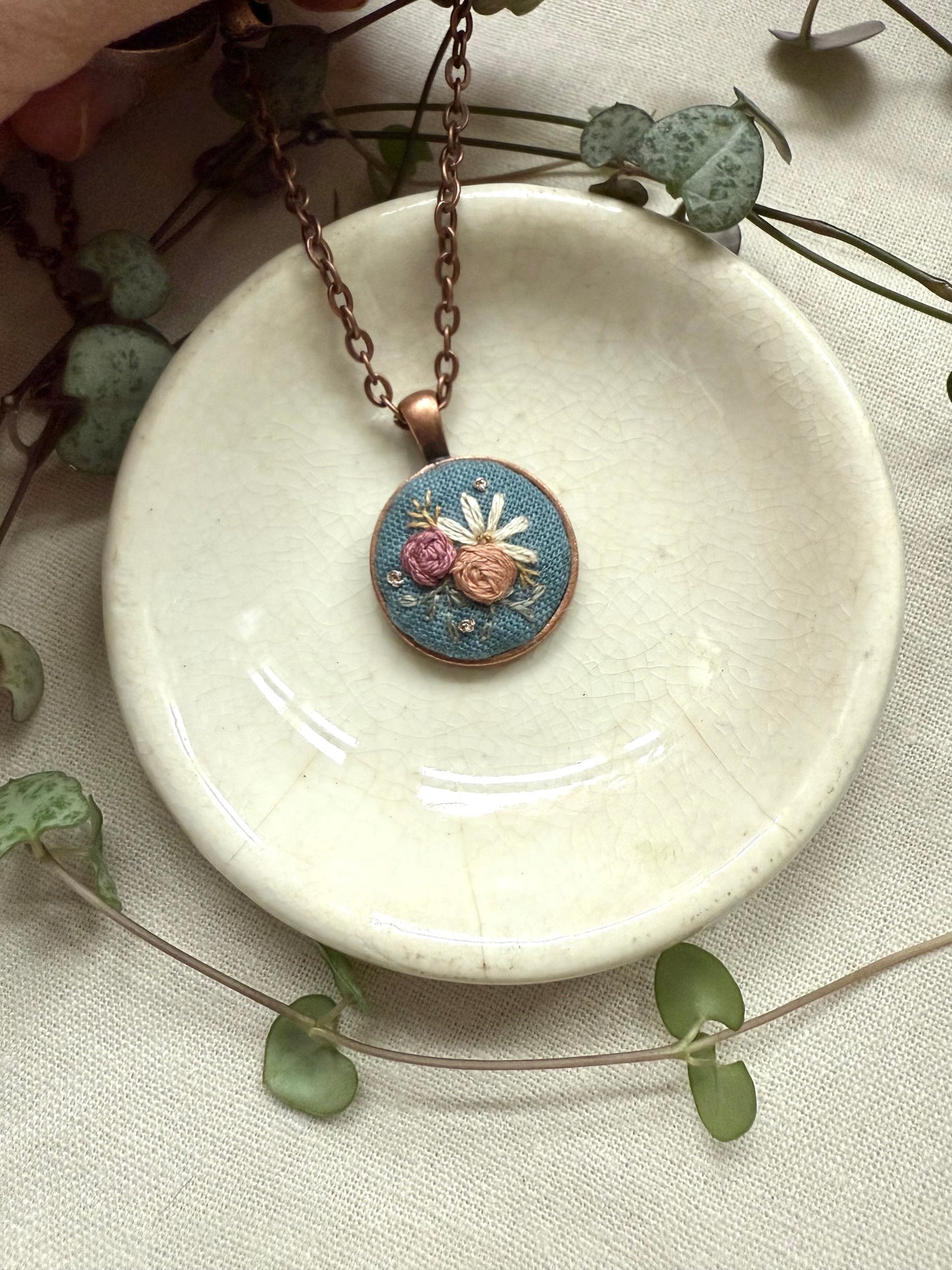 Floral Embroidered Necklace | 18” necklace | Brass Necklace