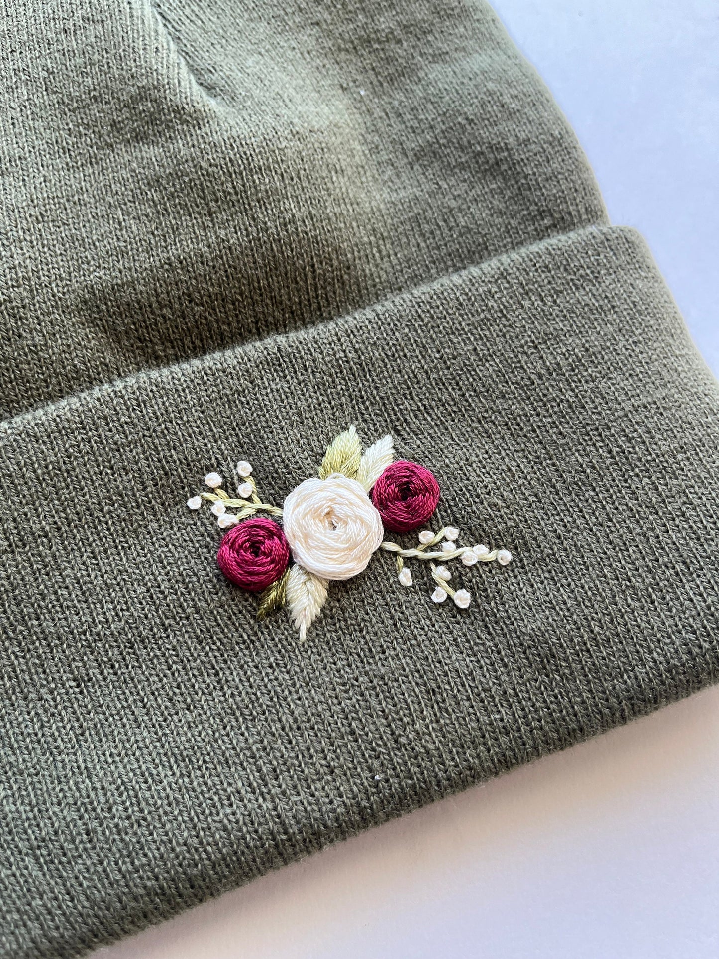 Embroidered Beanie | Olive Winter Hat | Floral Beanie
