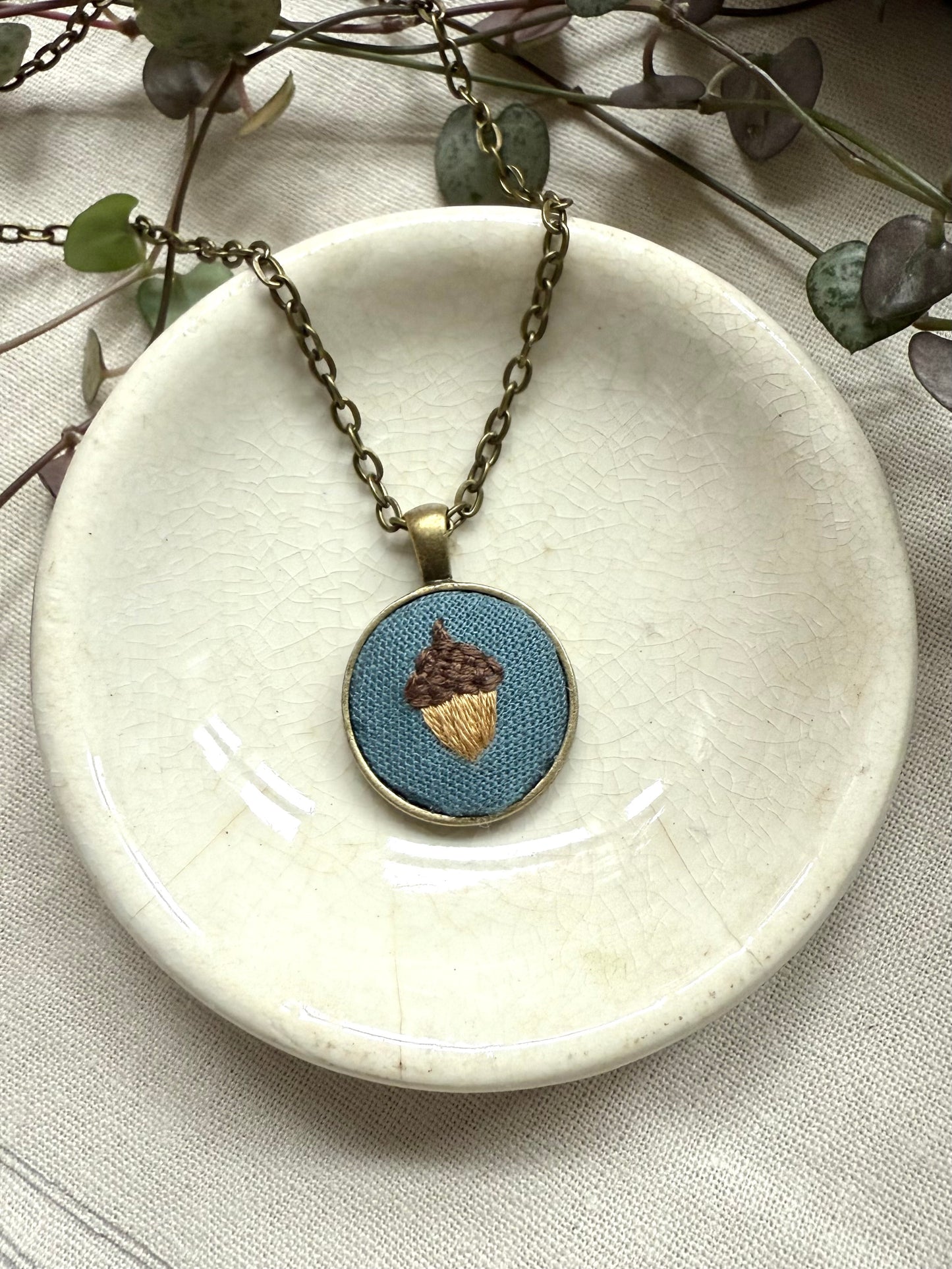 Acorn Embroidered Necklace | 18” necklace | Brass Necklace