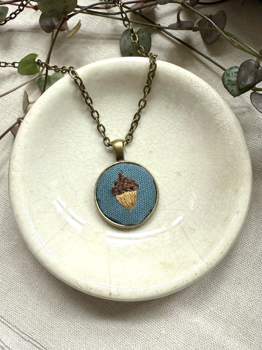 Acorn Embroidered Necklace | 18” necklace | Brass Necklace