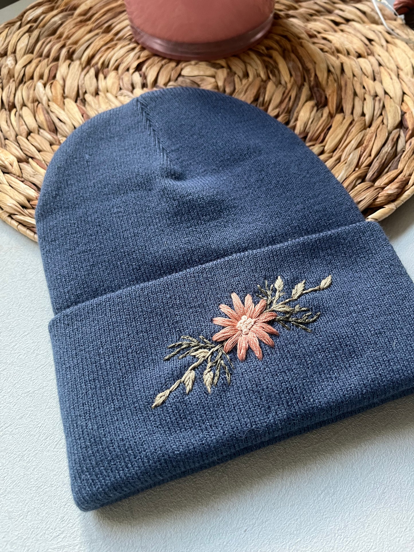 Embroidered Beanie | Blue Winter Hat | Floral Beanie