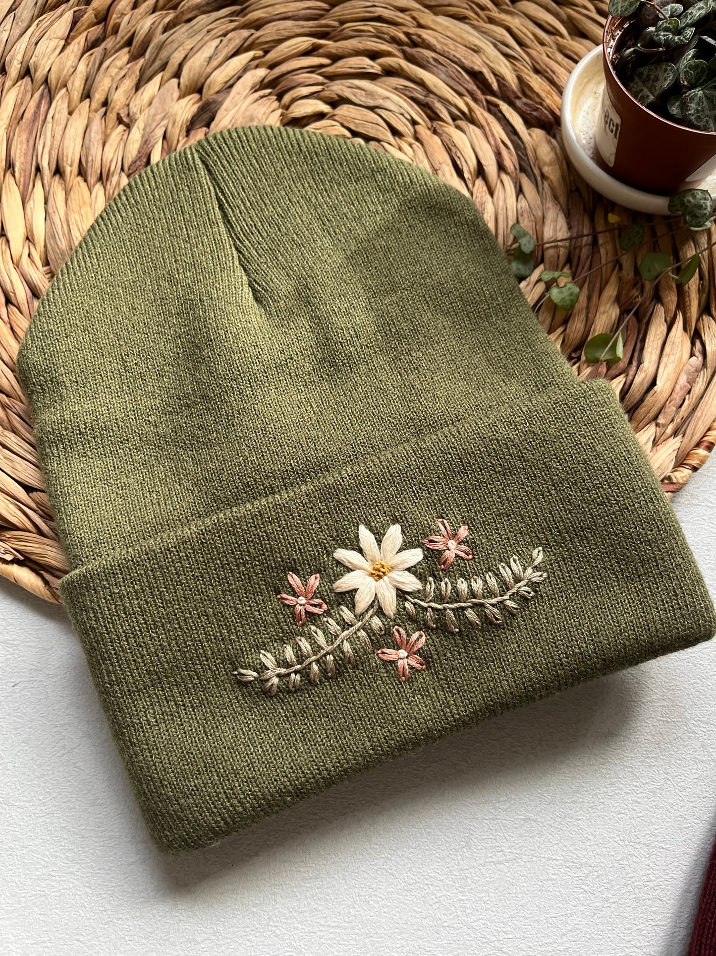 Embroidered Beanie | Olive Winter Hat | Floral Beanie