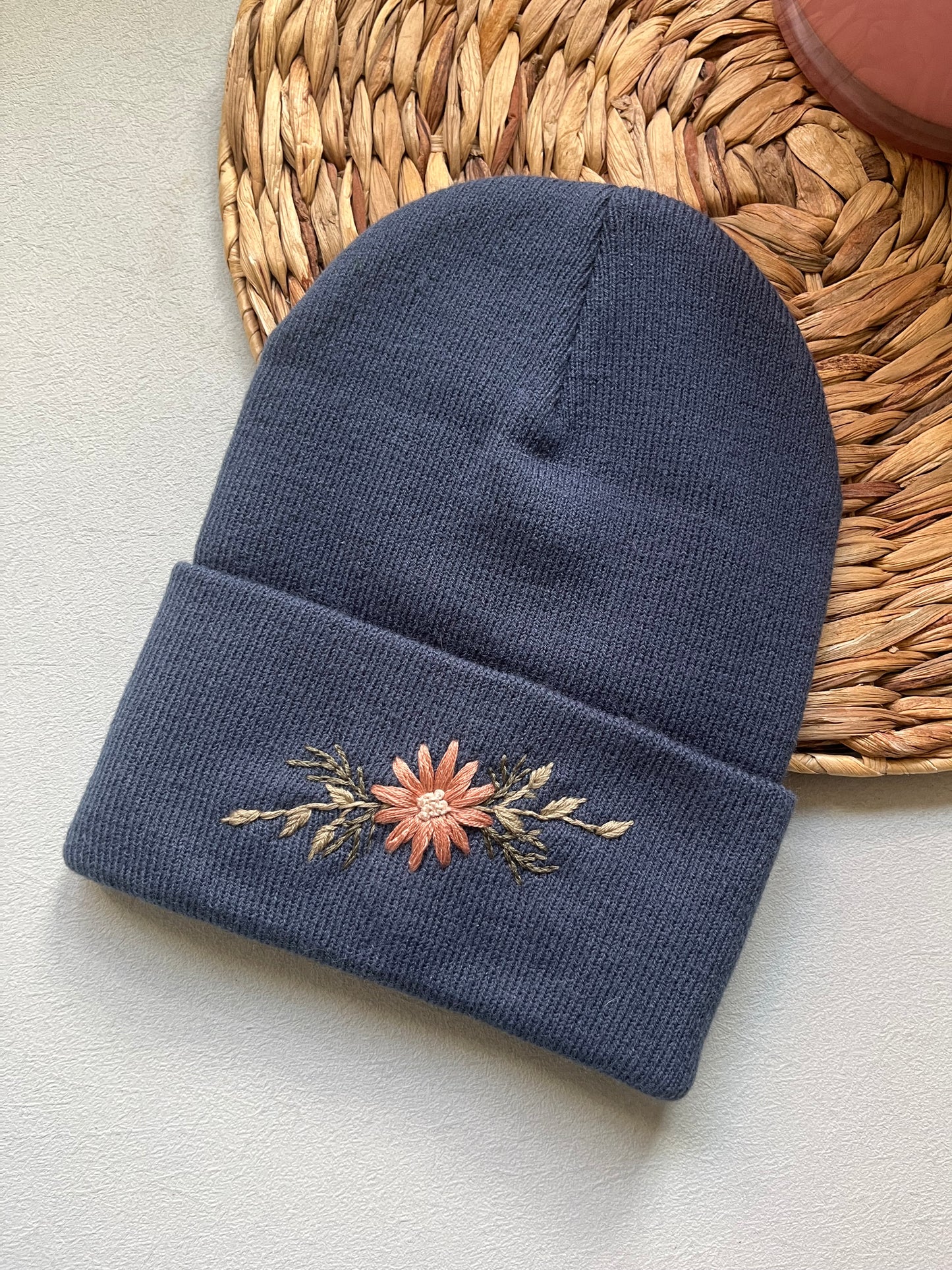 Embroidered Beanie | Blue Winter Hat | Floral Beanie