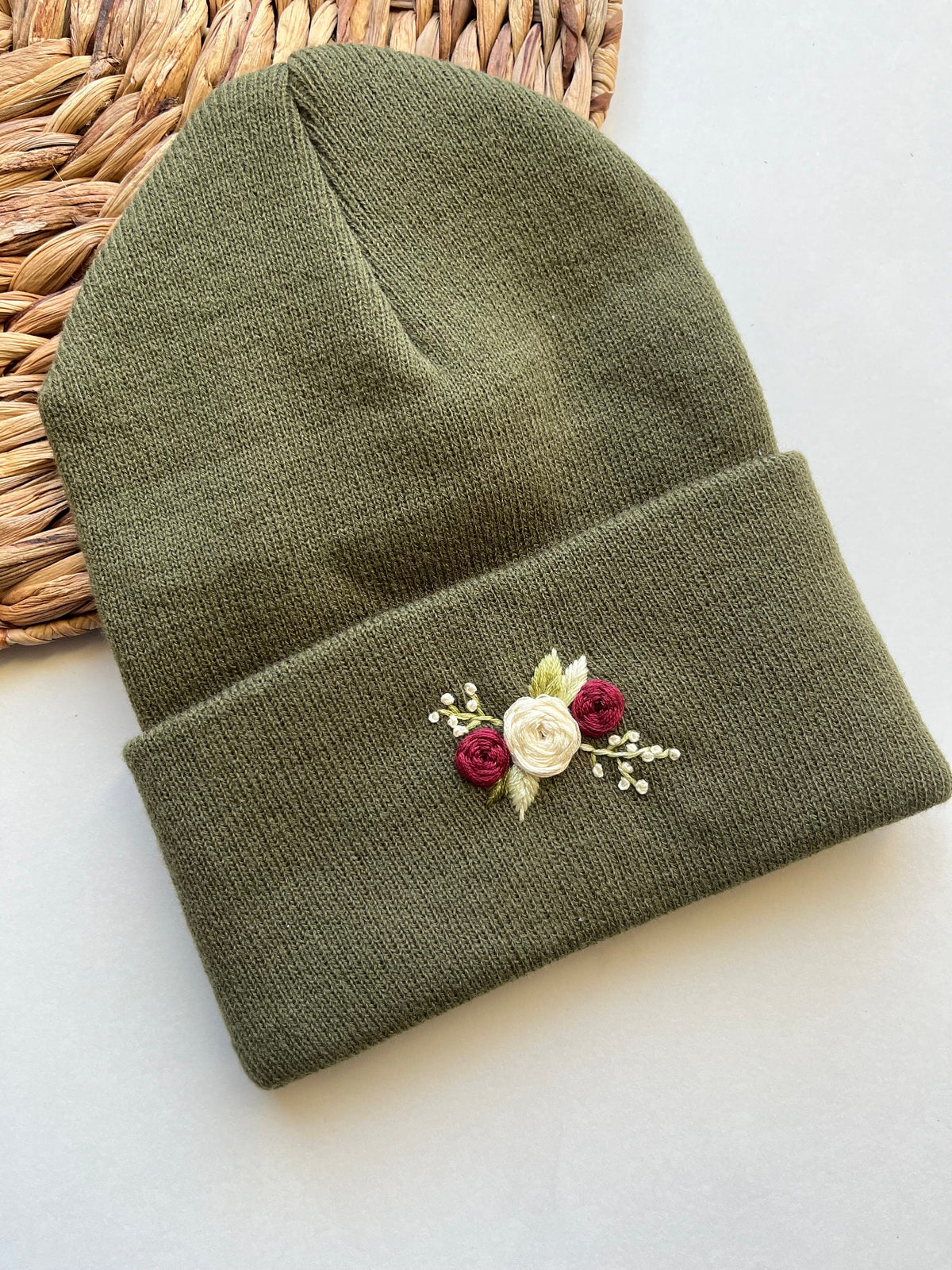 Anthropologie NWT Olive Moss Green Knit Embellished Floral Beanie Hat Anthropologie Beanie Hats for Women for sale - eBay main image 3