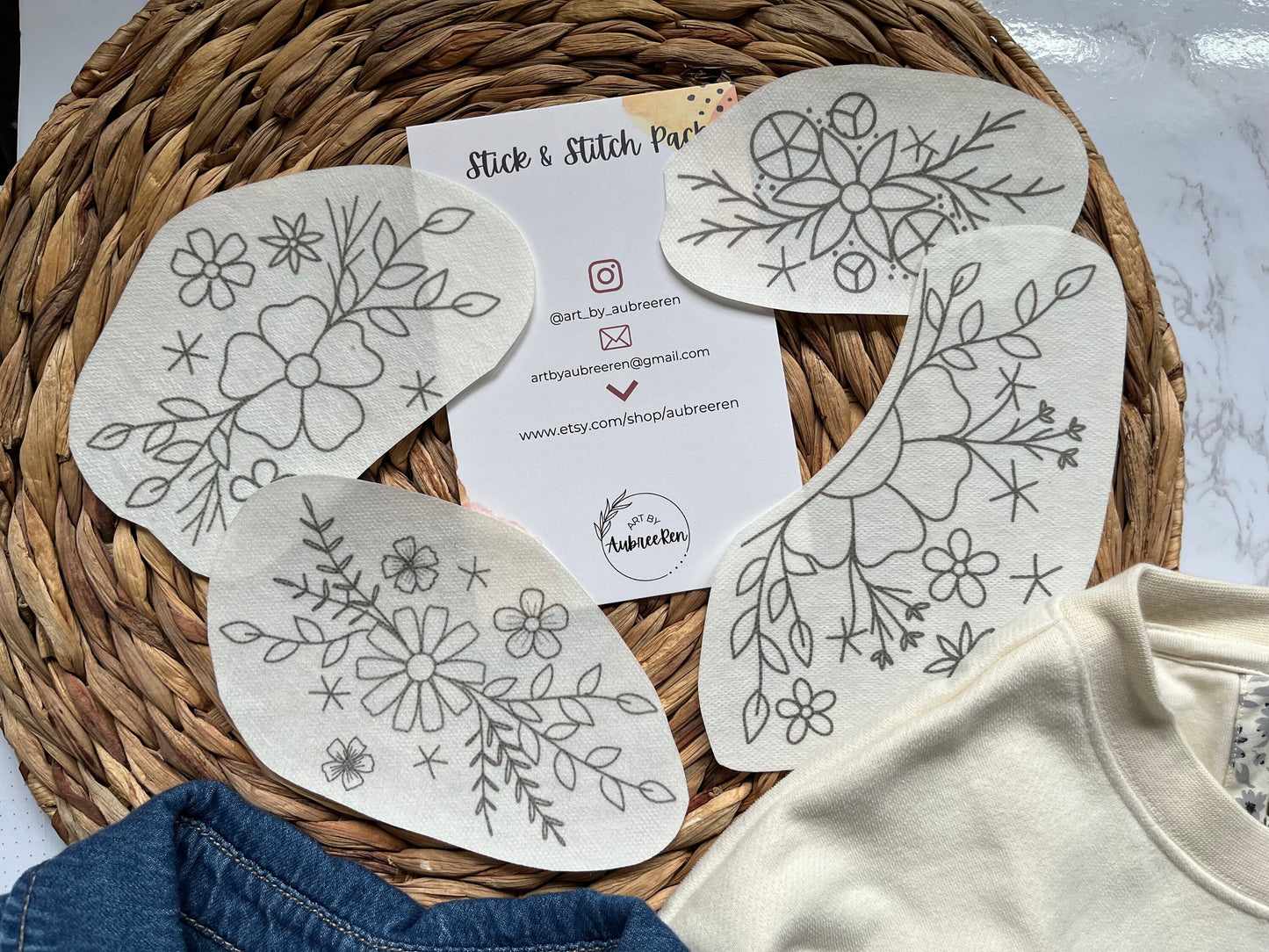 Stick and Stitch Pack | FLORAL COLLAR | Embroidery Designs | Peel and Stick Patterns